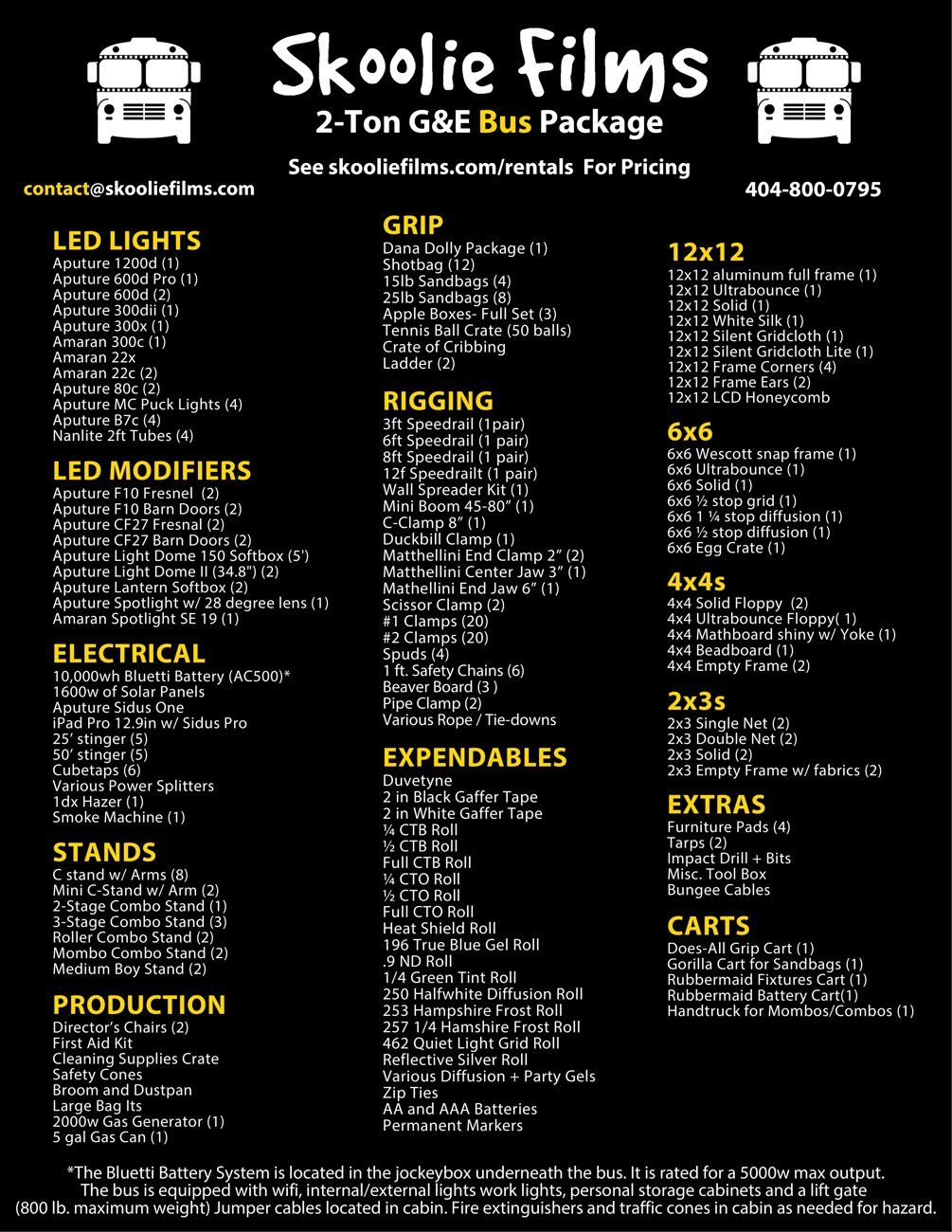 Skoolie Films 2-ton G&E bus package gear list